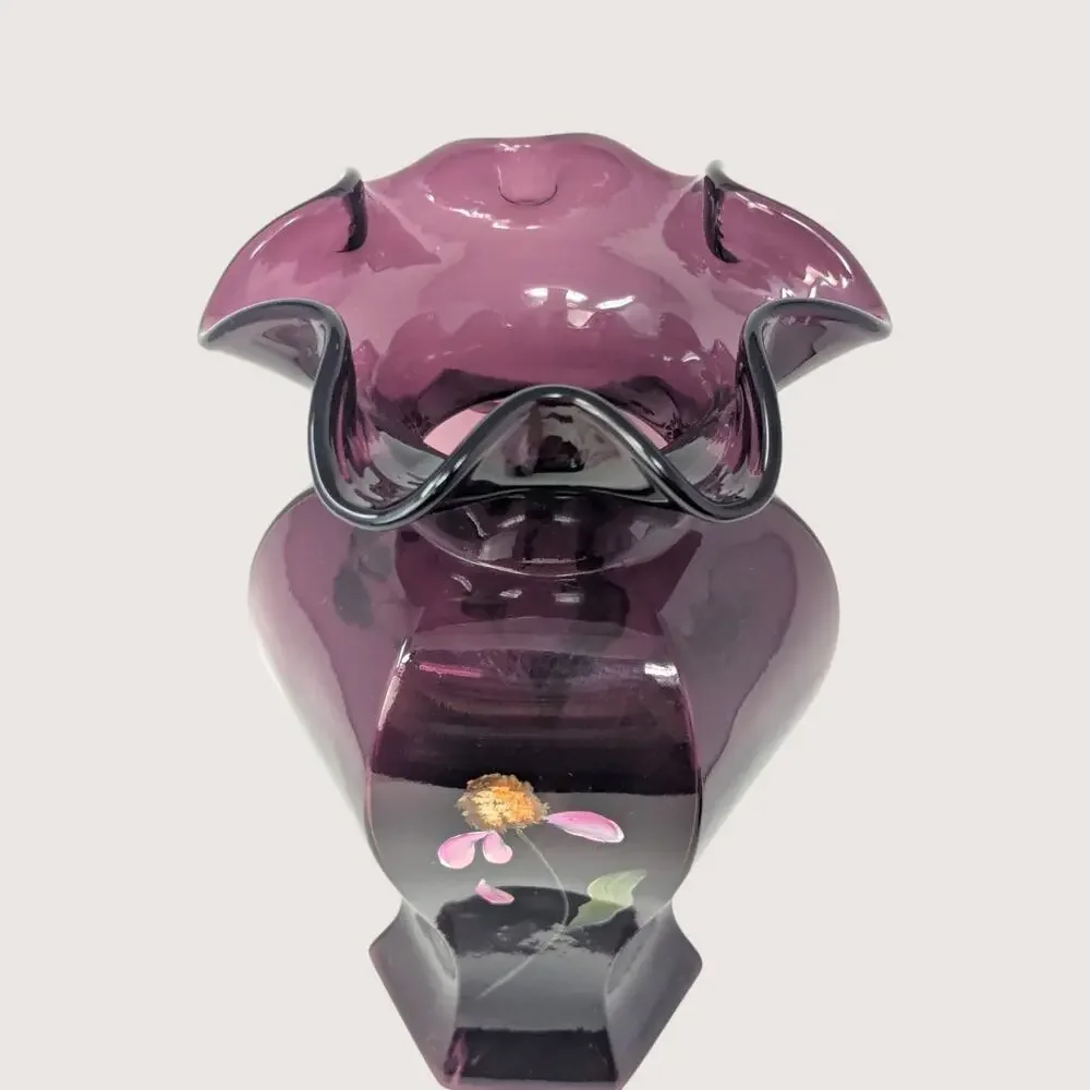1990s Fenton Mulberry Amethyst Glass Ruffled Vase Hand Painted S Hughes